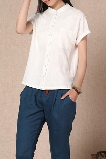 White Linen Cotton Shirt Top - Short Sleeve, Pocket Detail 3685
