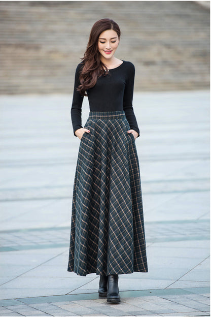 Black & Brown Plaid Wool A-Line Skirt - Ankle Length with Pockets 3917
