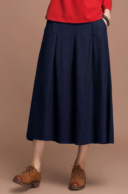 Red Linen Skirt - Vintage A-Line High Waist Pleated Detail J084-8