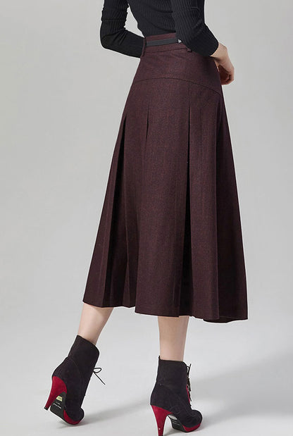 Brown Wool Midi Skirt - High Waist Flared Silhouette J102