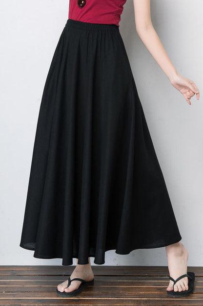 Navy Linen Blend Maxi Skirt - Pleated, Elastic Waist 4101