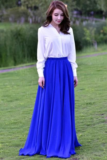 Chiffon Pleated Maxi Skirt - Elastic Waist, Lined | Xiaolizi 3505