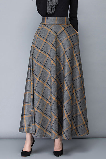 Plaid Wool Maxi Skirt - Ankle-Length with Stretch Waist 3914