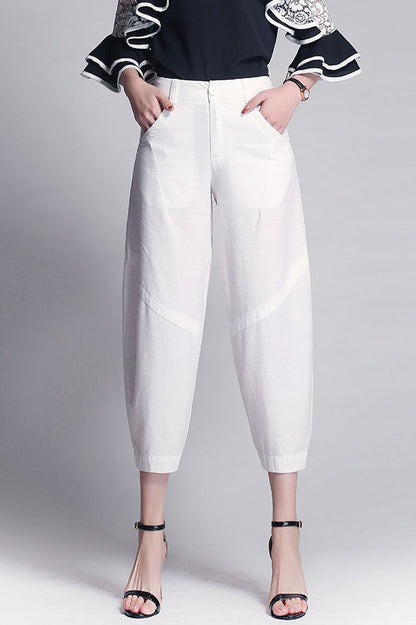 White Linen Wide Leg Pants - Casual Comfort with Front Pockets 3527