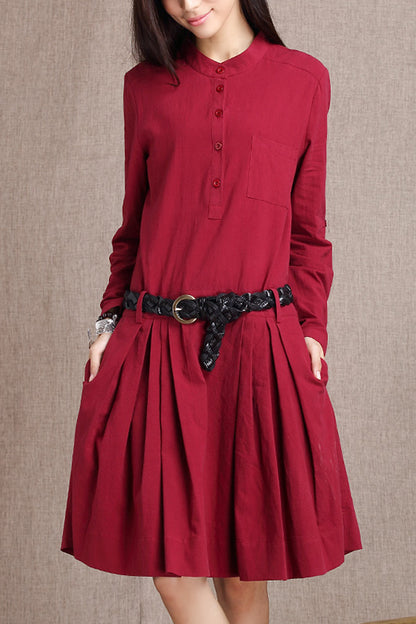 Navy Cotton Linen Midi Dress - Button-Up with Side Pockets 3682