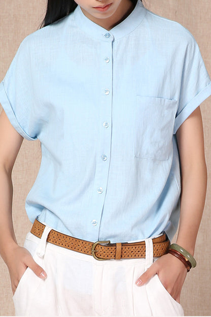 White Linen Cotton Shirt Top - Short Sleeve, Pocket Detail 3685
