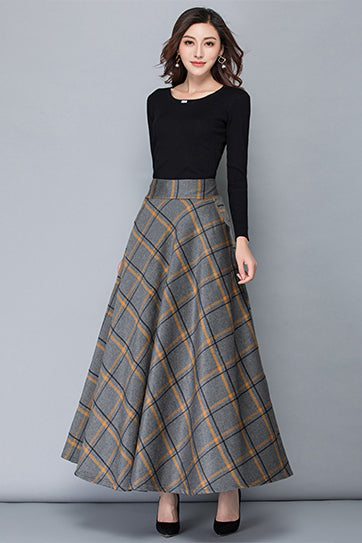 Plaid Wool Maxi Skirt - Ankle-Length with Stretch Waist 3914