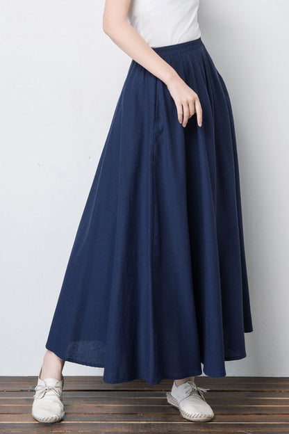 Navy Linen Blend Maxi Skirt - Pleated, Elastic Waist 4101