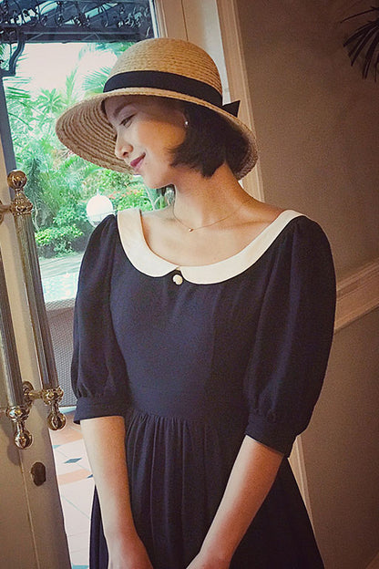 Black Linen A-Line Dress with Pleated Waist - Retro Bubble Sleeves J034