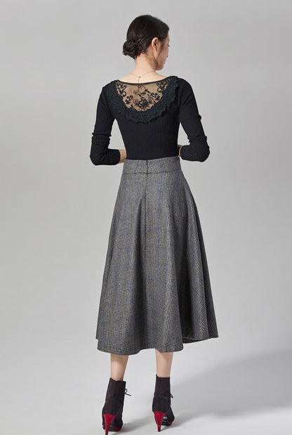 Plaid Wool Midi Skirt - High Waist with Pockets J107