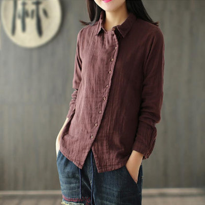 Vintage Cotton Linen button front Long Sleeve Shirt 1900053
