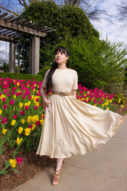 Beige Linen Fit & Flare Midi Dress - Pleated Waist, Short Sleeve 2737