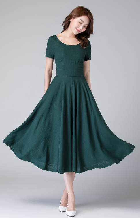 Handmade Green Linen Cotton Dress Fit and Flare Midi | Xiaolizi 1900 Handmade Green Linen Cotton Dress Fit and Flare Midi | Xiaolizi 1900