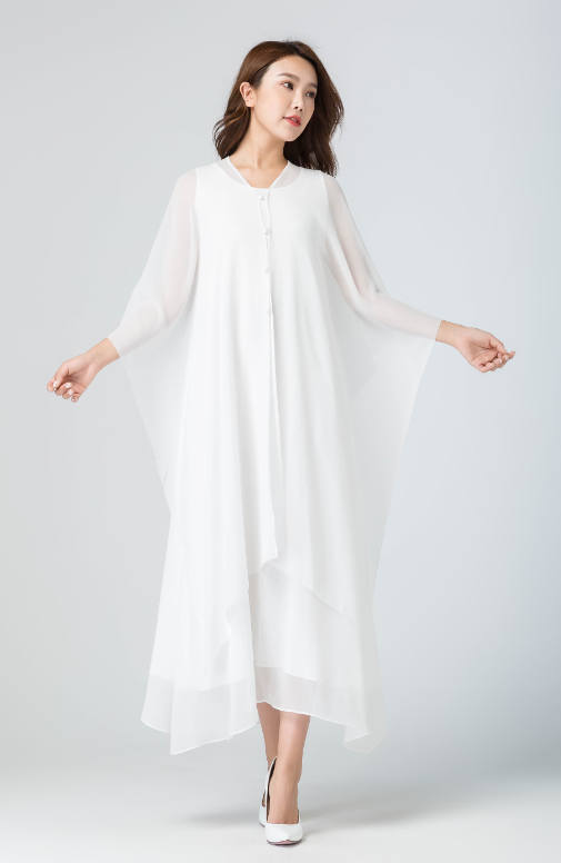 White Chiffon Maxi Dress Handmade Flowy Cape Sleeve Elegance 1917 White / S White Chiffon Maxi Dress Handmade Flowy Cape Sleeve Elegance 1917 White / S