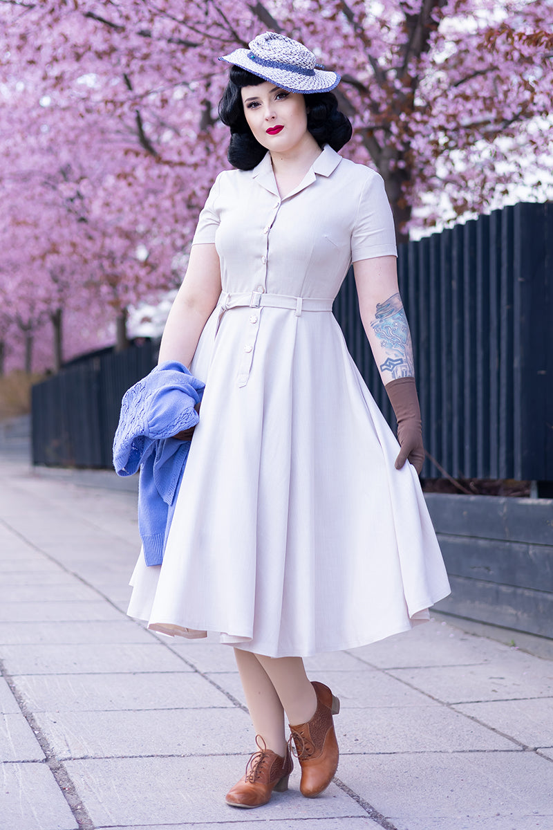 Vintage Shirt Dress Elegant Short Sleeve Pleated Midi in White 3510 Off White / S Vintage Shirt Dress Elegant Short Sleeve Pleated Midi in White 3510 Off White / S