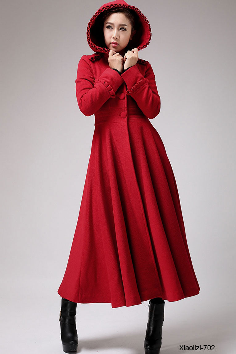 Red hooded wool coat