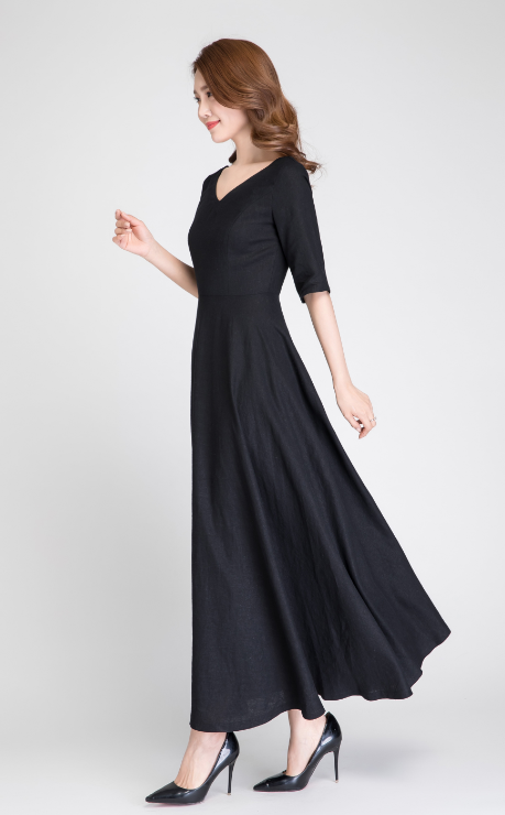 prom dress long, black linen dress, formal dress, maxi dress black, pr ...
