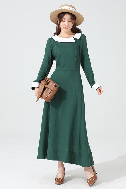 Green Long Sleeve Linen Maxi Dress 3813