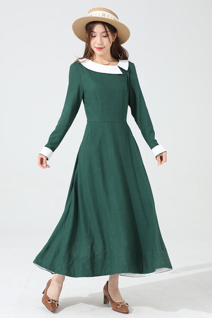 Green Long Sleeve Linen Maxi Dress 3813