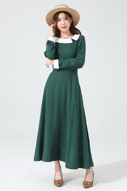 Green Long Sleeve Linen Maxi Dress 3813