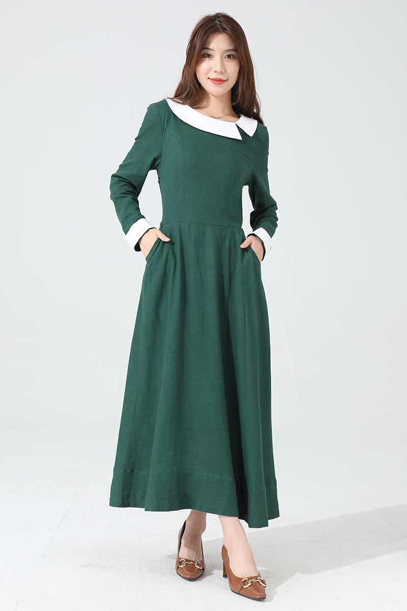 Green Long Sleeve Linen Maxi Dress 3813