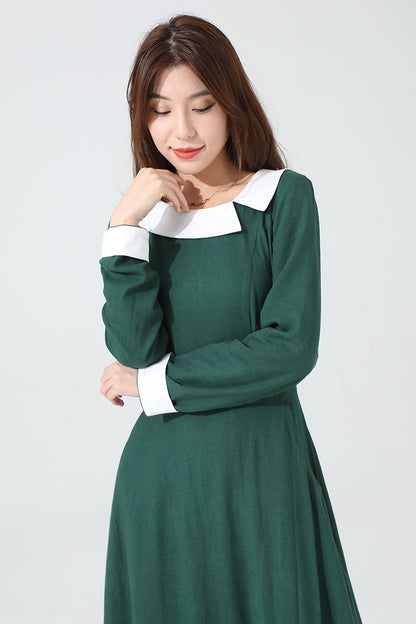 Green Long Sleeve Linen Maxi Dress 3813