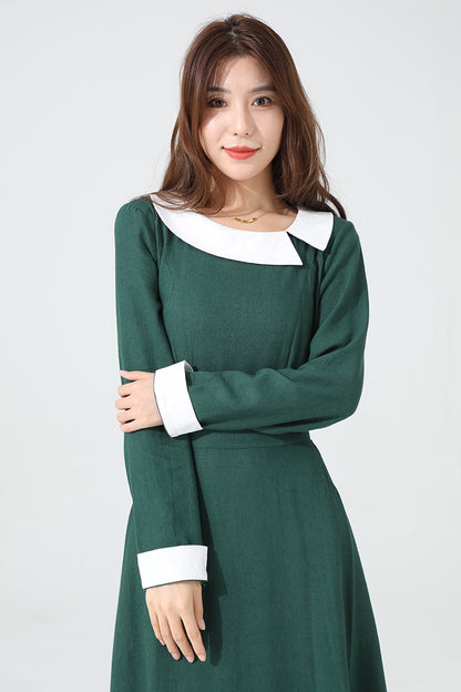 Green Long Sleeve Linen Maxi Dress 3813