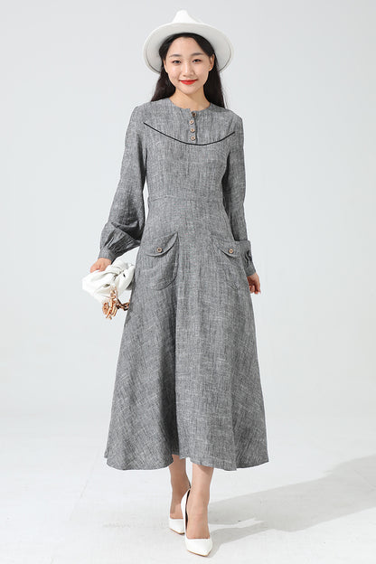 Grey Linen Maxi Dress - A-Line Silhouette with Button Detail 3814