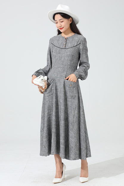Grey Linen Maxi Dress - A-Line Silhouette with Button Detail 3814