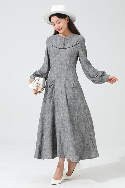 Grey Linen Maxi Dress - A-Line Silhouette with Button Detail 3814
