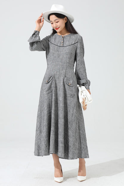 Grey Linen Maxi Dress - A-Line Silhouette with Button Detail 3814