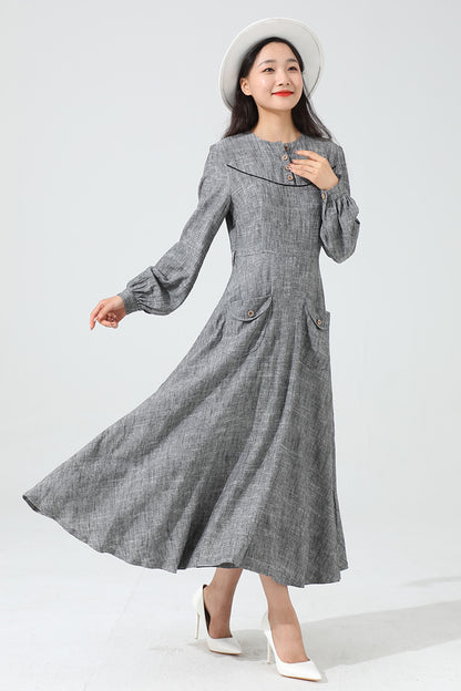 Grey Linen Maxi Dress - A-Line Silhouette with Button Detail 3814