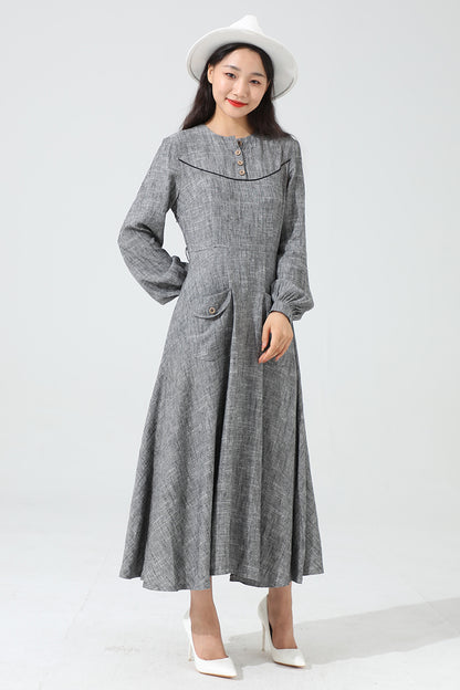 Grey Linen Maxi Dress - A-Line Silhouette with Button Detail 3814