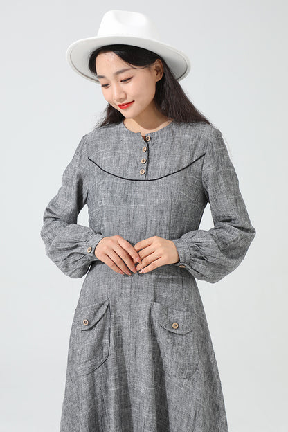 Grey Linen Maxi Dress - A-Line Silhouette with Button Detail 3814