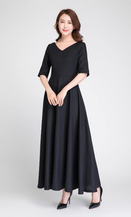Black Linen Maxi Dress with V-Neck and Fitted Waist Xiaolizi Black Linen Maxi Dress with V-Neck and Fitted Waist Xiaolizi