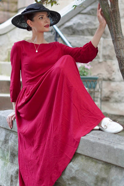 Red Linen Blend A-Line Maxi Dress - Seam Pockets & Boat Neckline 3742