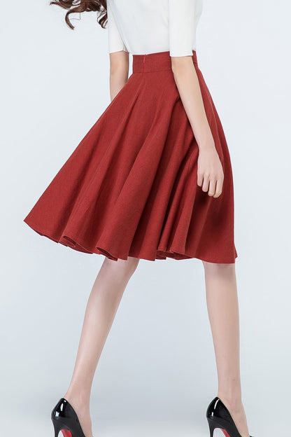 Rust Red Linen Circle Skirt – Vintage 50s High Waist Skater Skirt with Pockets 1689