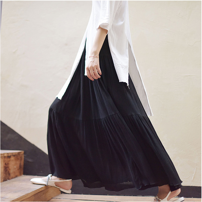 Blue Cotton Linen Maxi Skirt - Ruffle Tiered Pleated Design 2717