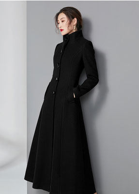 Red Wool Midi Coat - Stand Collar A-Line Wool Blend Outerwear 2960