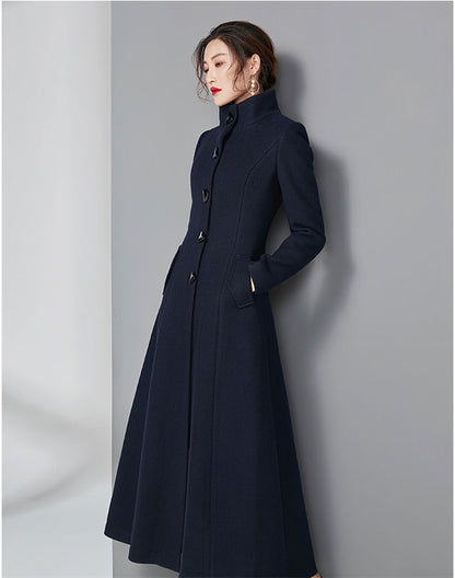 Red Wool Midi Coat - Stand Collar A-Line Wool Blend Outerwear 2960