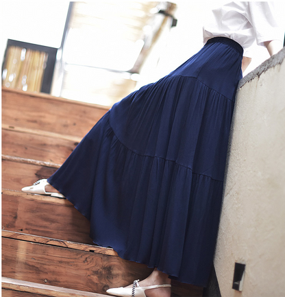 Blue Cotton Linen Maxi Skirt - Ruffle Tiered Pleated Design 2717