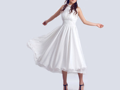 White Chiffon Maxi Dress - Flowy Sleeveless with Ruffled Neckline 76
