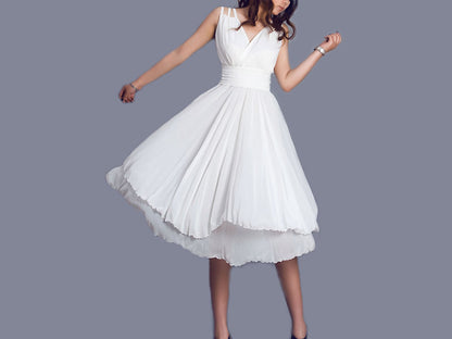 White Chiffon Midi Dress - V-Neck Sleeveless High Waist 99