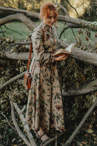 Floral Linen Maxi Shirt Dress - V-Neck Long Sleeve | Xiaolizi 3868