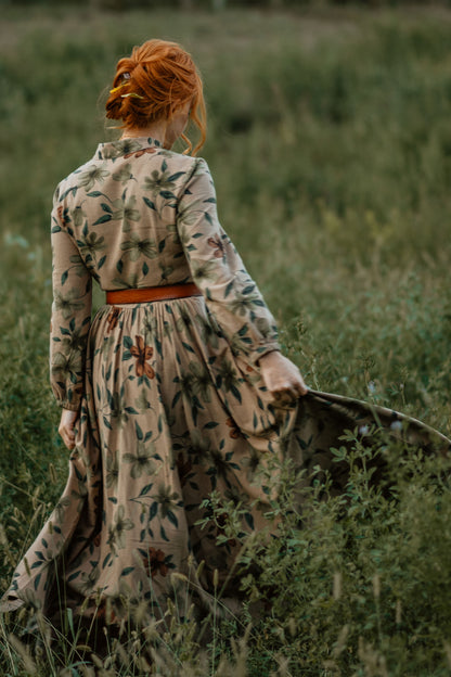 Floral Linen Maxi Shirt Dress - V-Neck Long Sleeve | Xiaolizi 3868