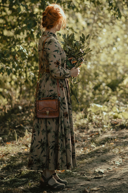 Floral Linen Maxi Shirt Dress - V-Neck Long Sleeve | Xiaolizi 3868