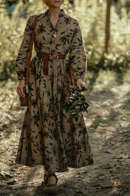 Floral Linen Maxi Shirt Dress - V-Neck Long Sleeve | Xiaolizi 3868