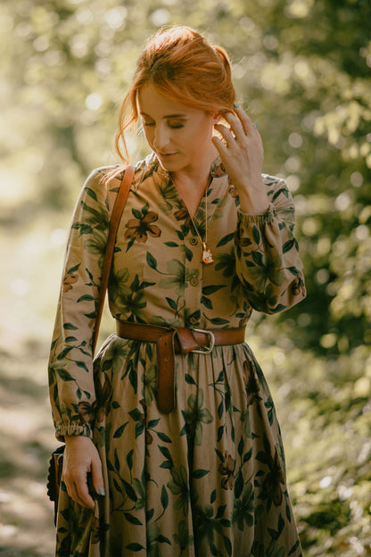 Floral Linen Maxi Shirt Dress - V-Neck Long Sleeve | Xiaolizi 3868