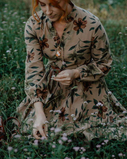 Floral Linen Maxi Shirt Dress - V-Neck Long Sleeve | Xiaolizi 3868
