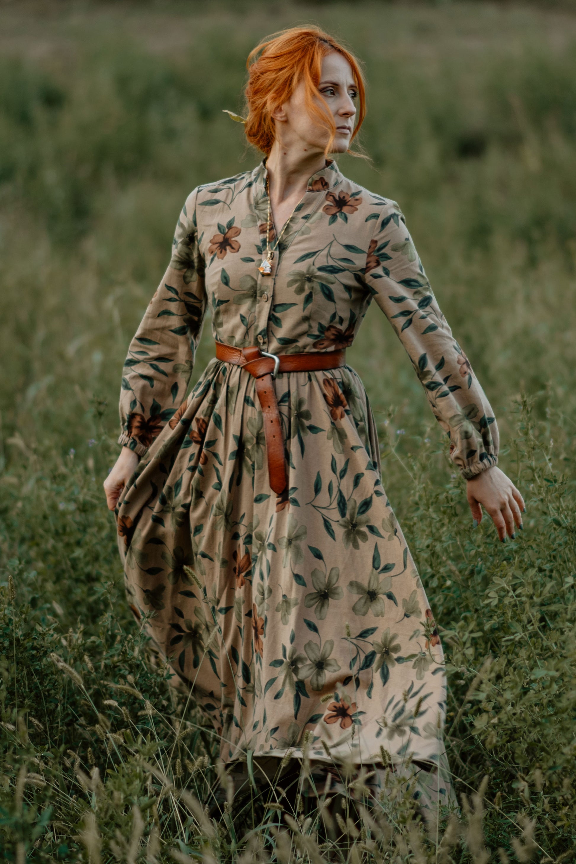 Floral Linen Maxi Shirt Dress - V-Neck Long Sleeve | Xiaolizi 3868 Floral Linen Maxi Shirt Dress - V-Neck Long Sleeve | Xiaolizi 3868
